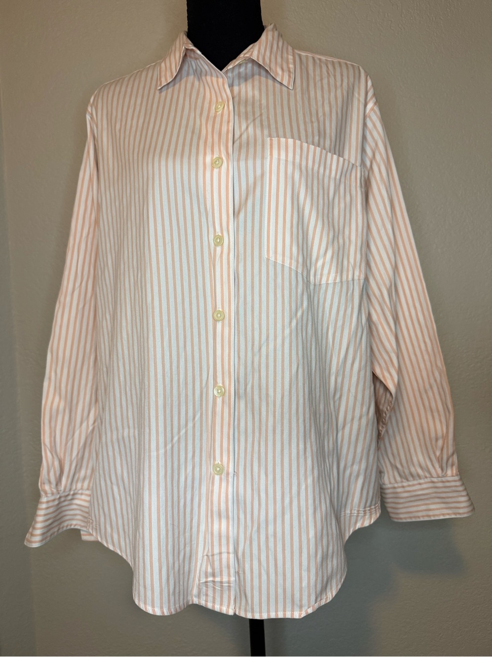 L.L. Bean Women's Peach and White Striped Button-Down Shirt